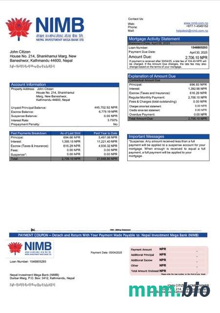 Nepal Investment Mega Bank (NIMB) wyciąg z kredytu hipotecznego szablon Word i PDF